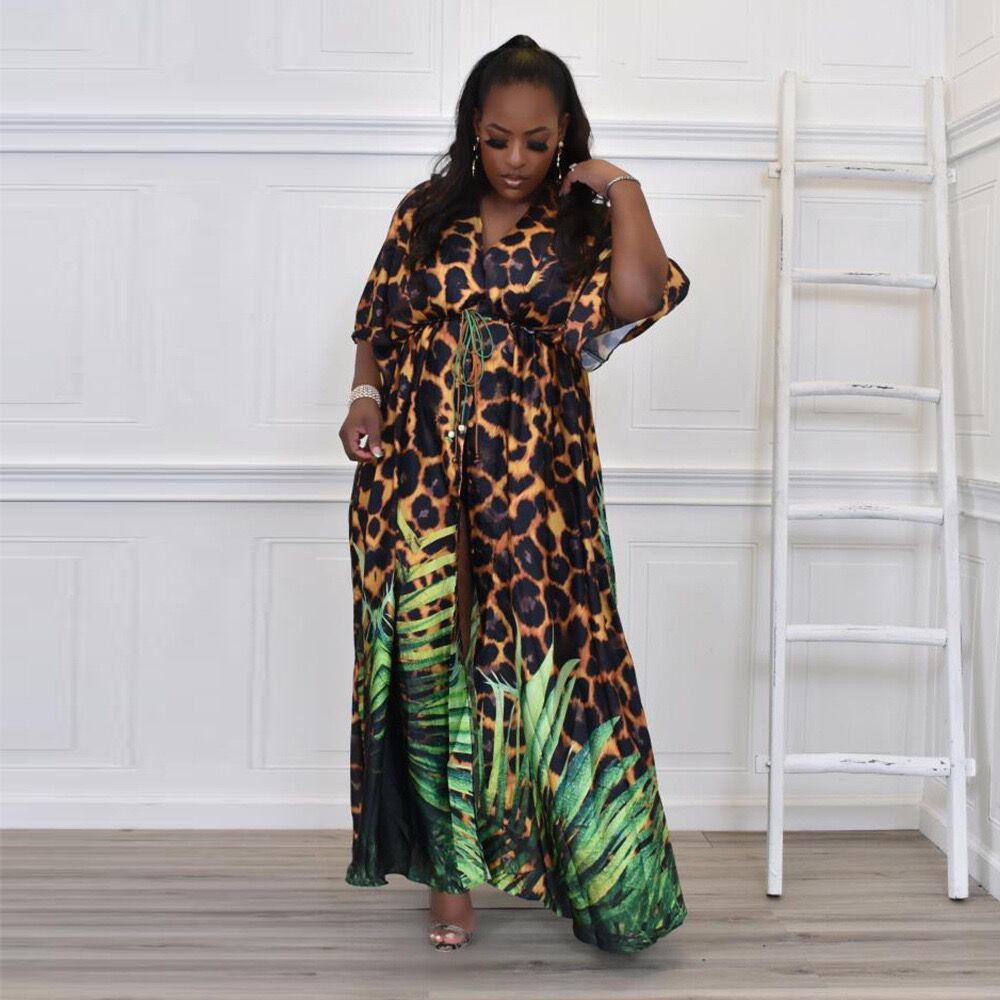 Sexy Plus Size Leopard  V Neck Split Maxi Dress