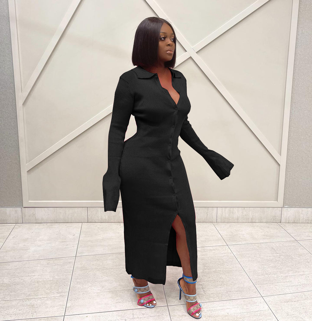 Sexy Solid Knit Long Sleeve Button Slim Maxi Dress