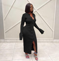 Sexy Solid Knit Long Sleeve Button Slim Maxi Dress
