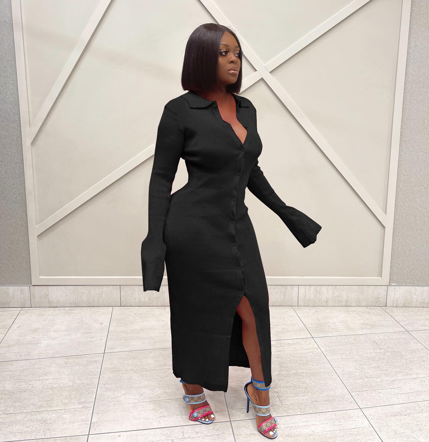 Sexy Solid Knit Long Sleeve Button Slim Maxi Dress