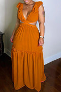 Sexy Sexy Ruffled V Neck Sleeveless Backless Hollow Maxi Dress