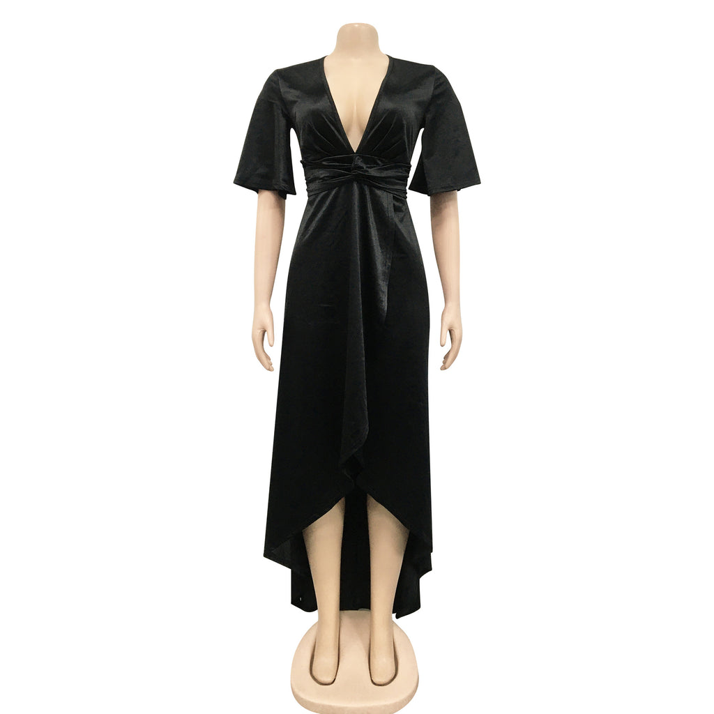 Sexy Solid V Neck Short Sleeve Irregular Maxi Dress