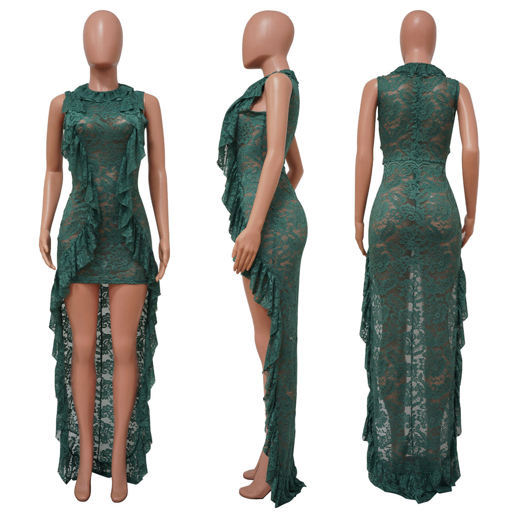 Sexy Lace Sleeveless See Through Ruffle Maxi Dress