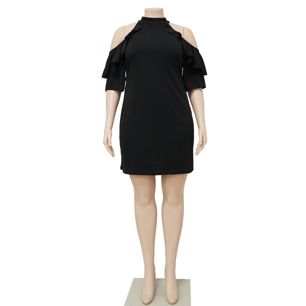 Sexy Plus Size Solid Ruffled Cold Shoulder Mini Dress