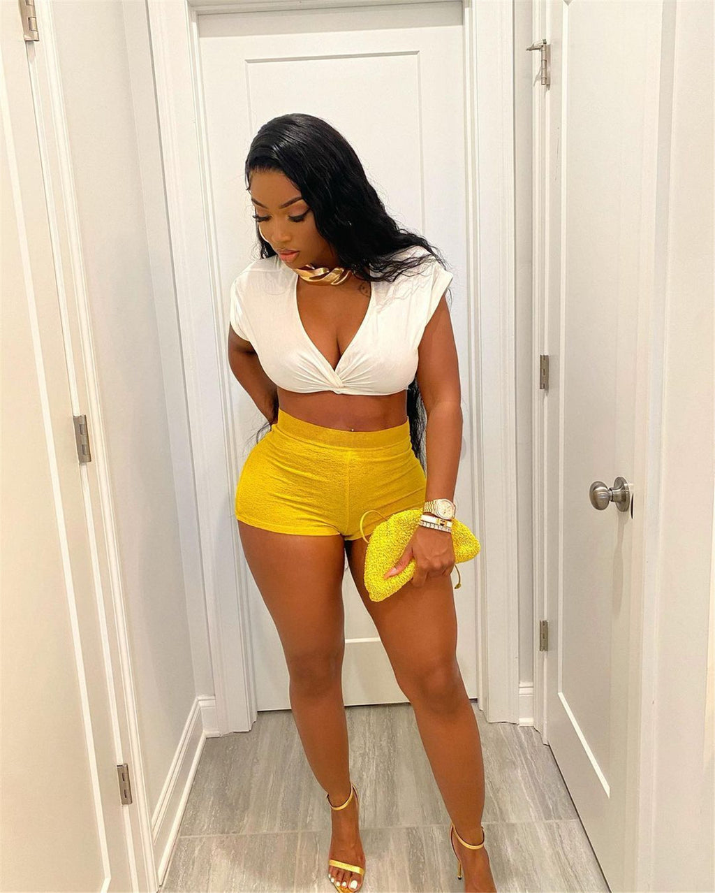Sexy Sexy V Neck Crop Top And Shorts 2 Piece Sets