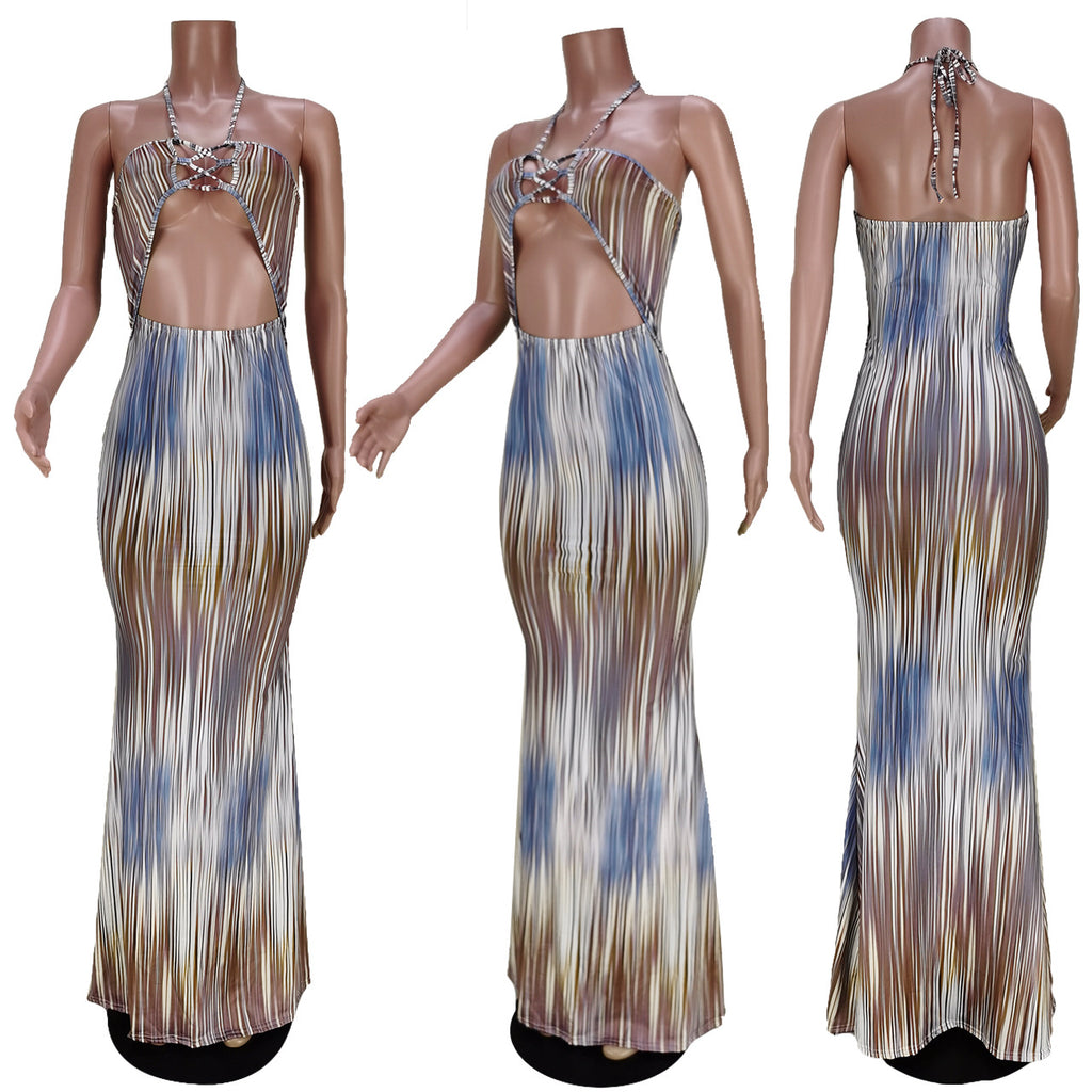 Sexy Sexy Printed Halter Hollow Out Maxi Dress