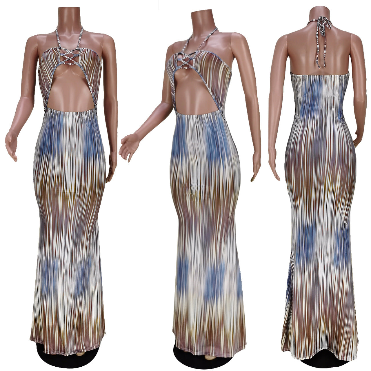 Sexy Sexy Printed Halter Hollow Out Maxi Dress