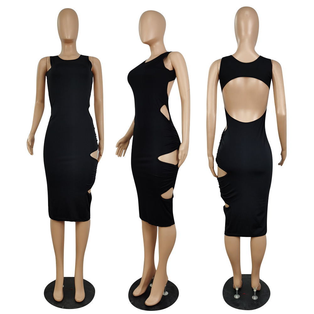 Sexy Solid Sleeveless Backless Hollow Out Midi Dress
