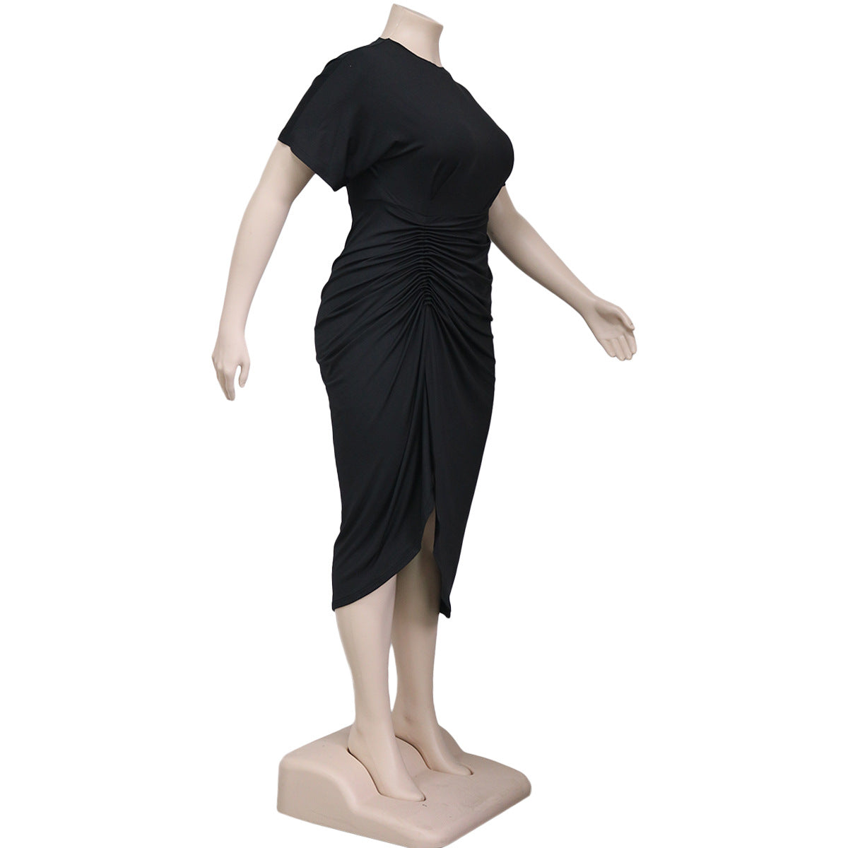 Sexy Plus Size Solid Ruched Short Sleeve Midi Dress