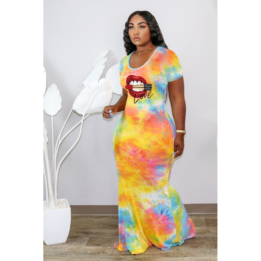 Sexy Plus Size Fashion Lip Tie Dye Print Short Sleeve Maxi Dress