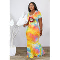 Sexy Plus Size Fashion Lip Tie Dye Print Short Sleeve Maxi Dress
