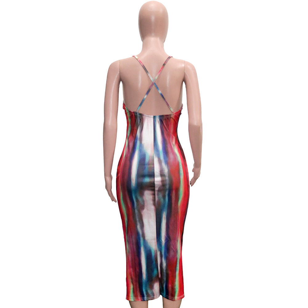 Sexy Sexy Printed Cross Strap Backless Midi Dress
