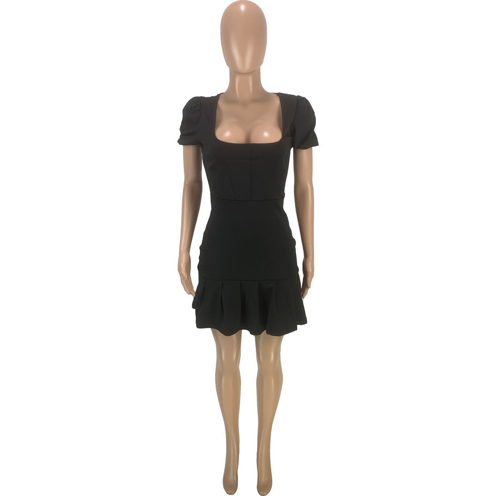 Sexy Solid Puff Sleeve Pleated Mini Dress