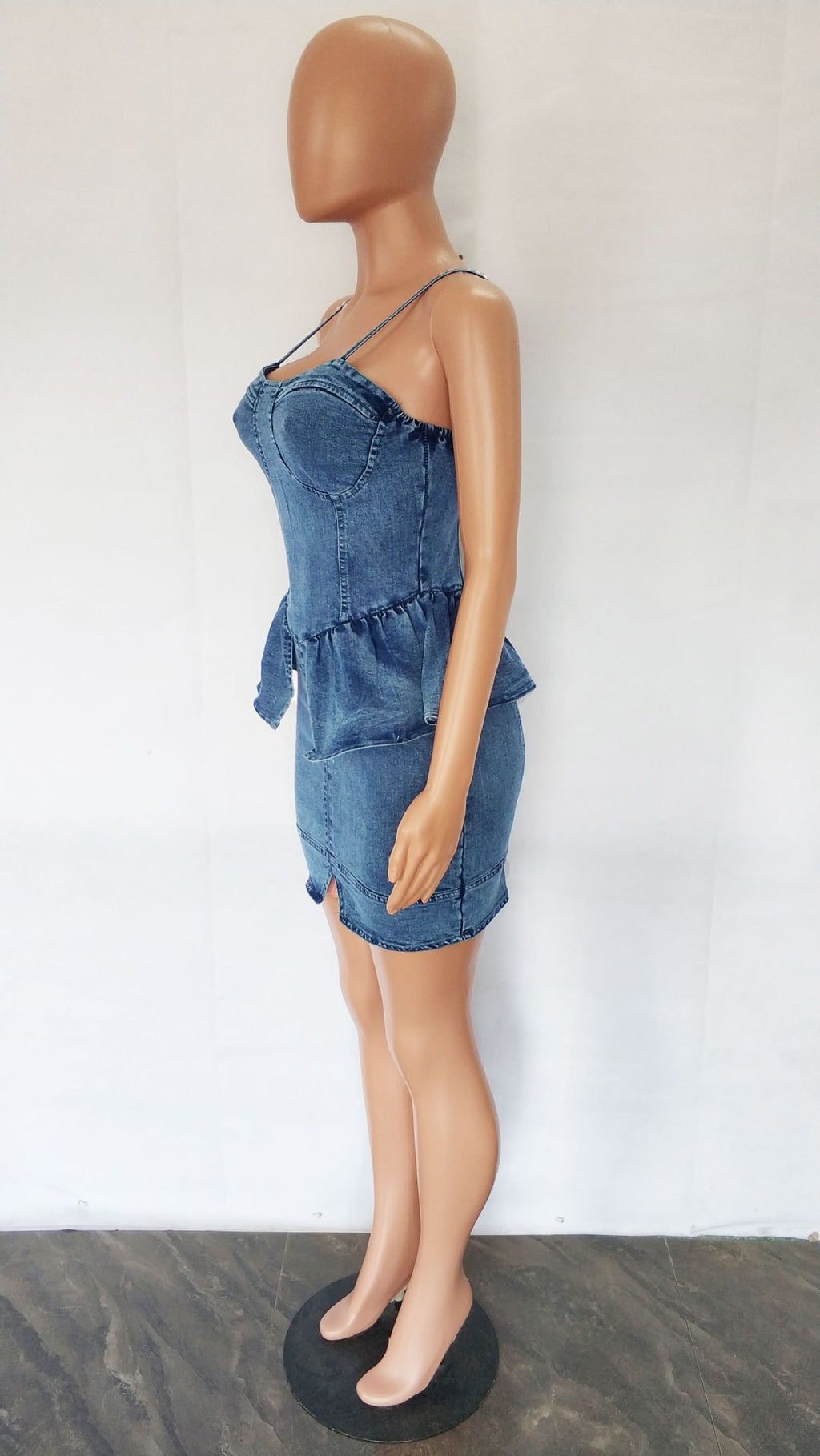 Sexy Denim Ruffled Spaghetti Strap Bodycon Mini Dress