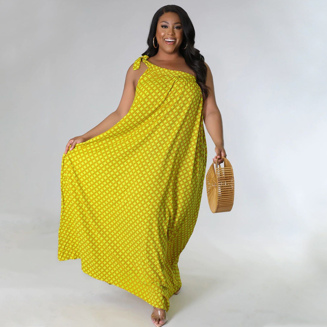 Sexy Plus Size Polka Dot Print One Shoulder Loose Maxi Dress