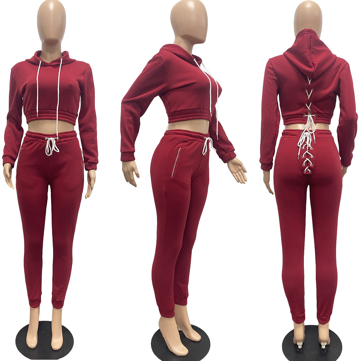 Sexy Solid Plush Hooded Lace Up Long Sleeve 2 Piece Pants Set