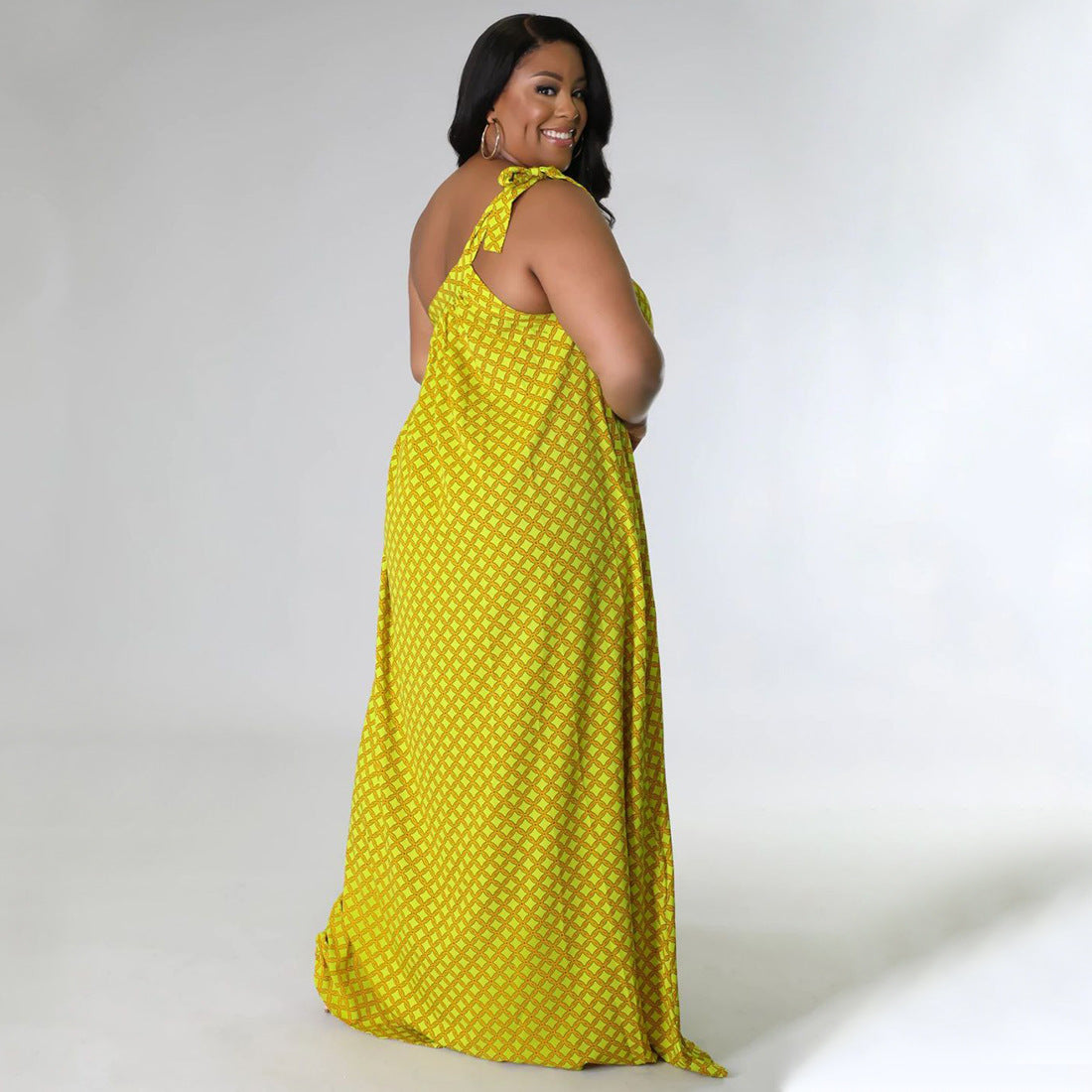 Sexy Plus Size Polka Dot Print One Shoulder Loose Maxi Dress