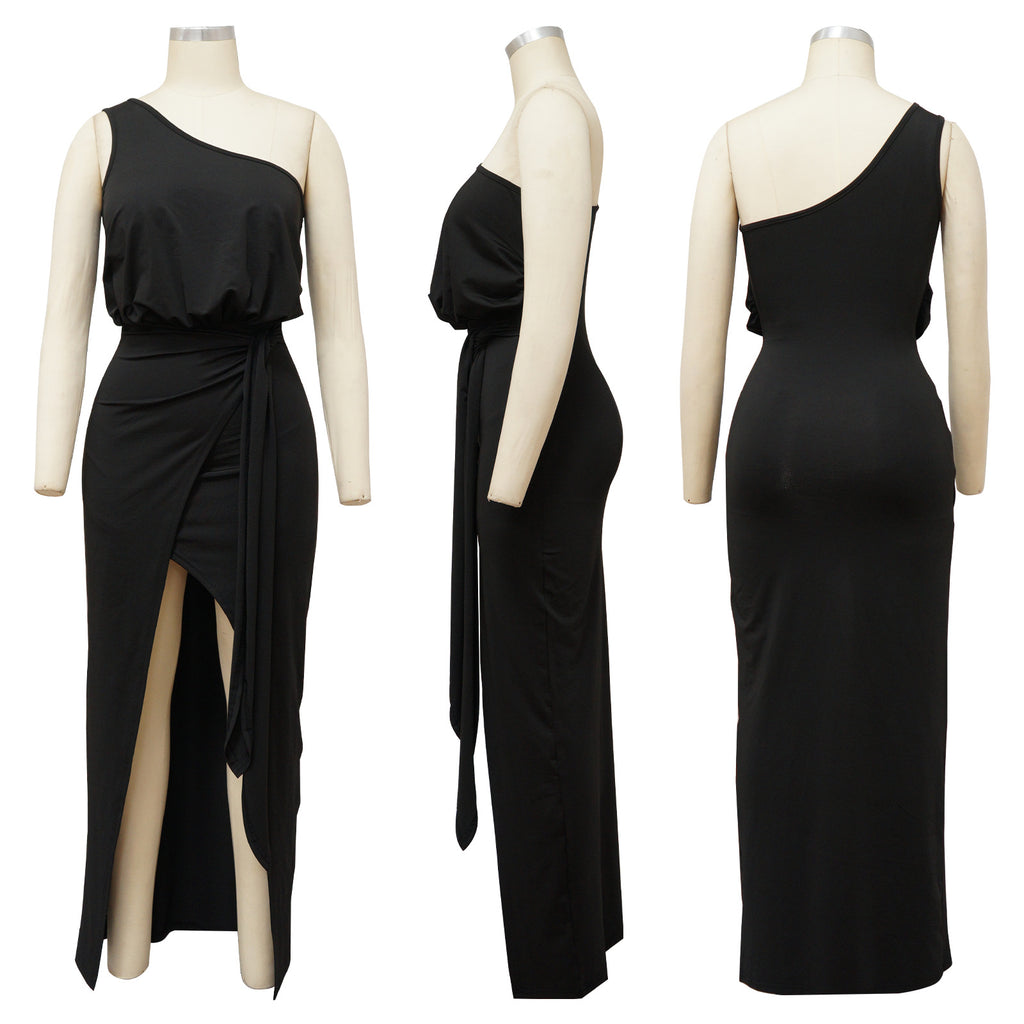 Sexy Solid Color Sloping Shoulder Slim Fit Irregular Dress