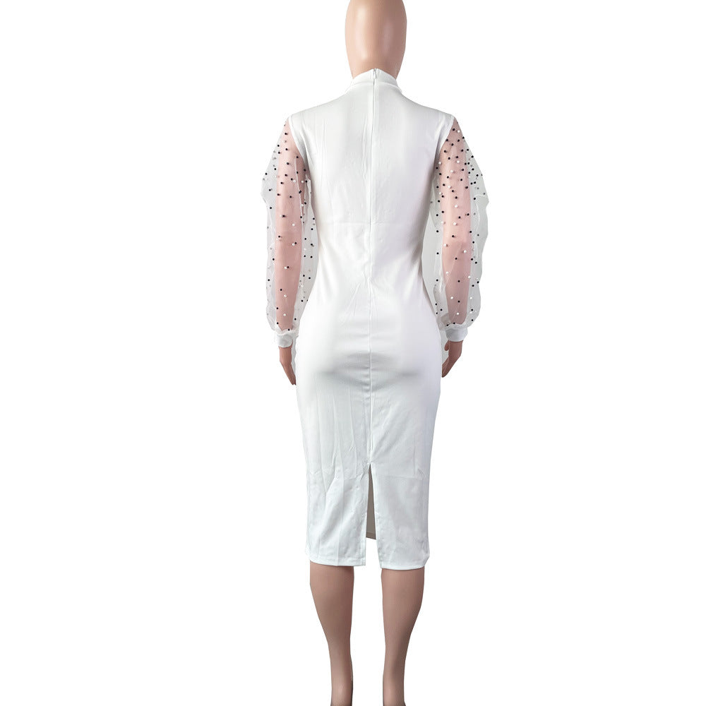 Sexy Solid Fashion Bead Long Sleeve Slim Midi Dress