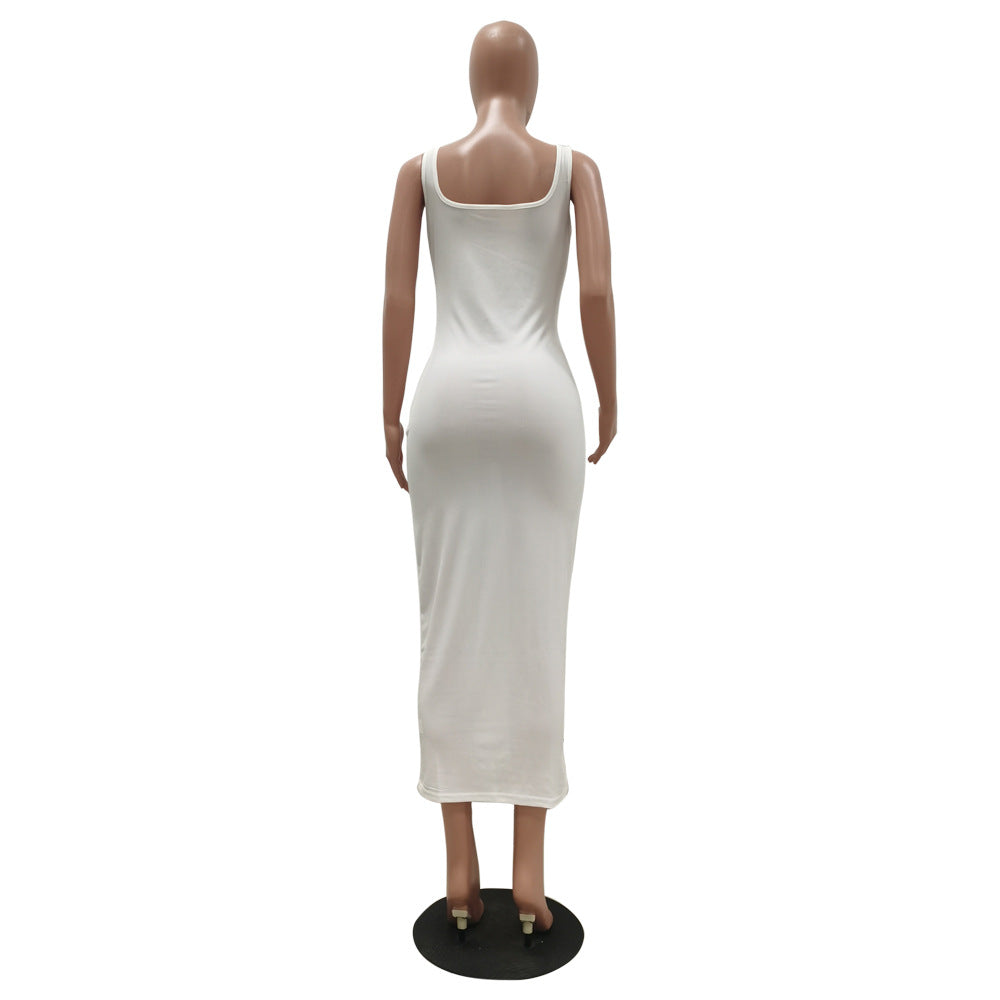 Sexy Solid Color Casual Slim Sleeveless Vest Long Dress