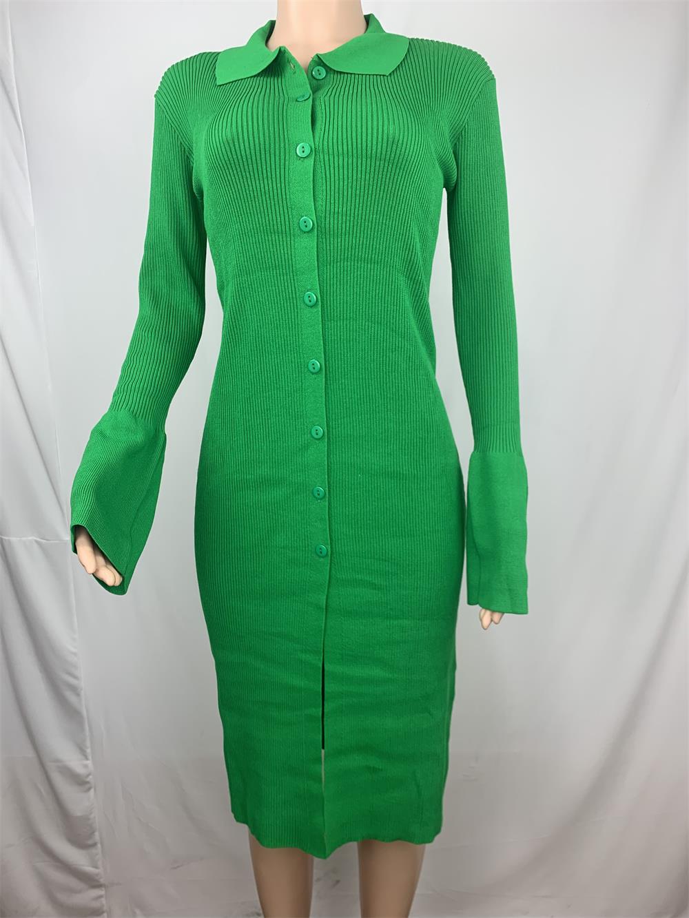 Sexy Solid Knit Long Sleeve Button Slim Maxi Dress