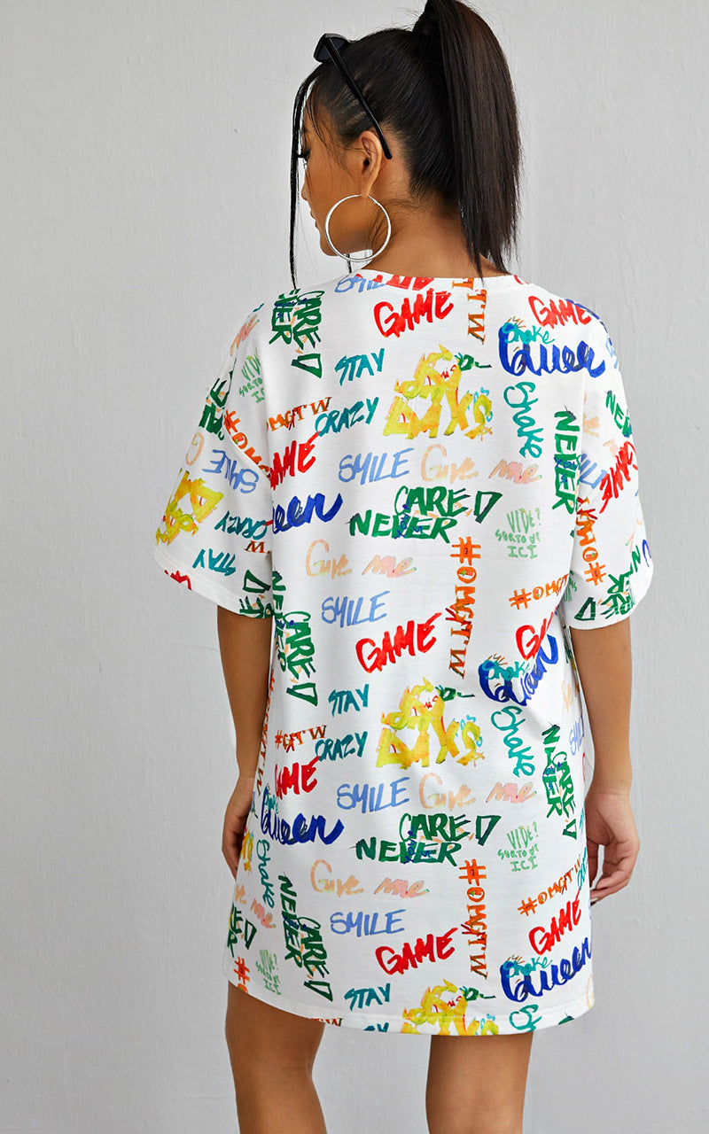 Sexy Graffiti Print Casual Short Sleeve Dress
