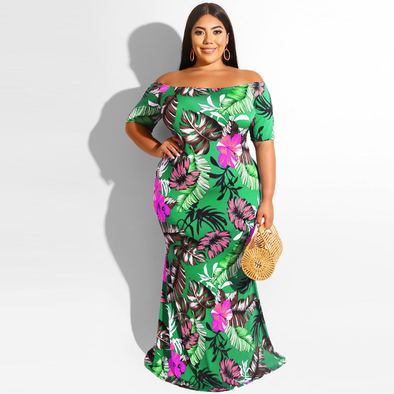 Sexy Plus Size Floral Print Off Shoulder Maxi Dress