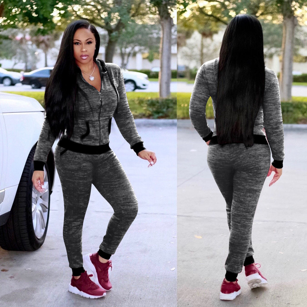 Sexy Hooded Zipper Long Sleeve Pants Sports Suit