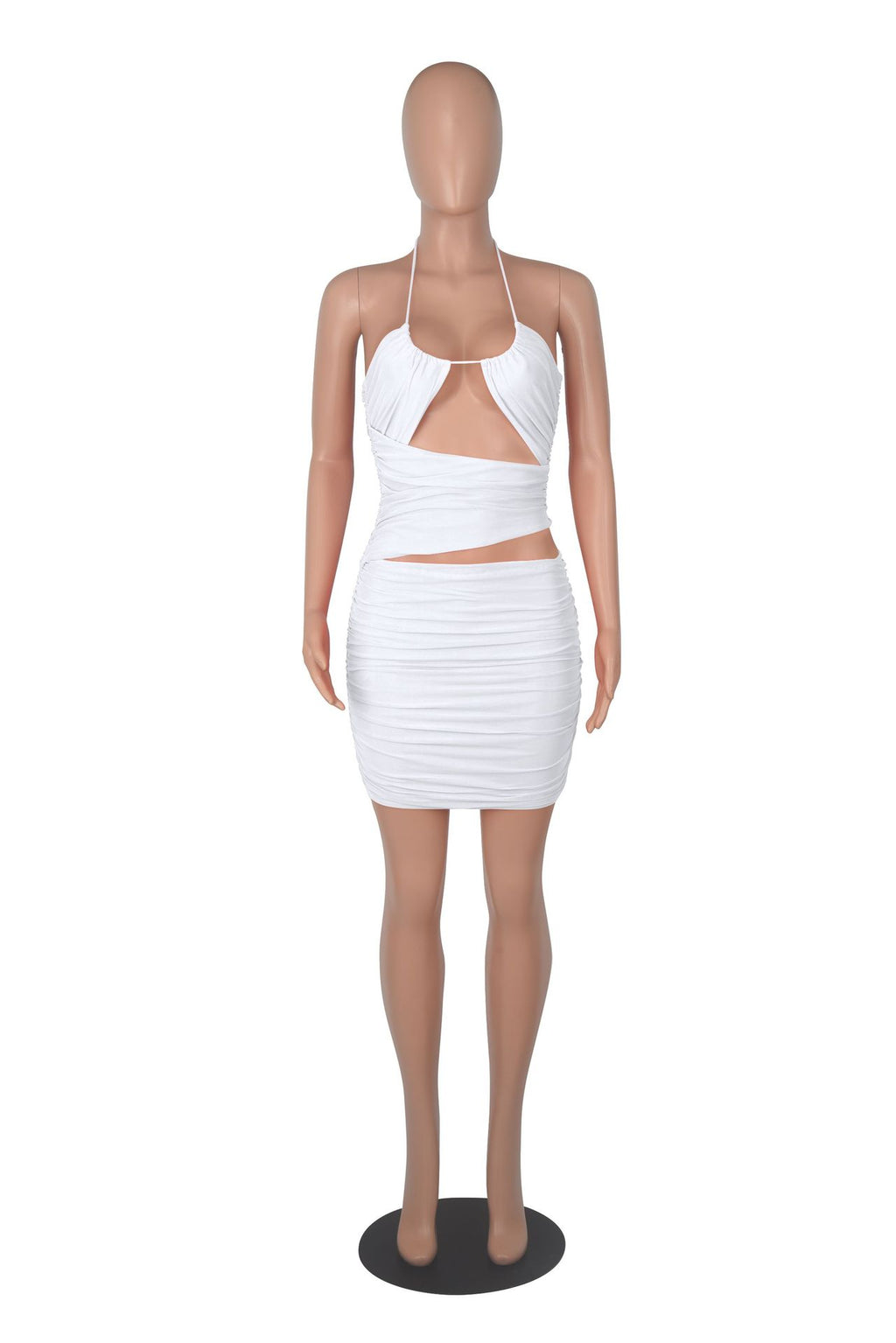 Sexy Solid Halter Hollow Out Ruched Mini Dress