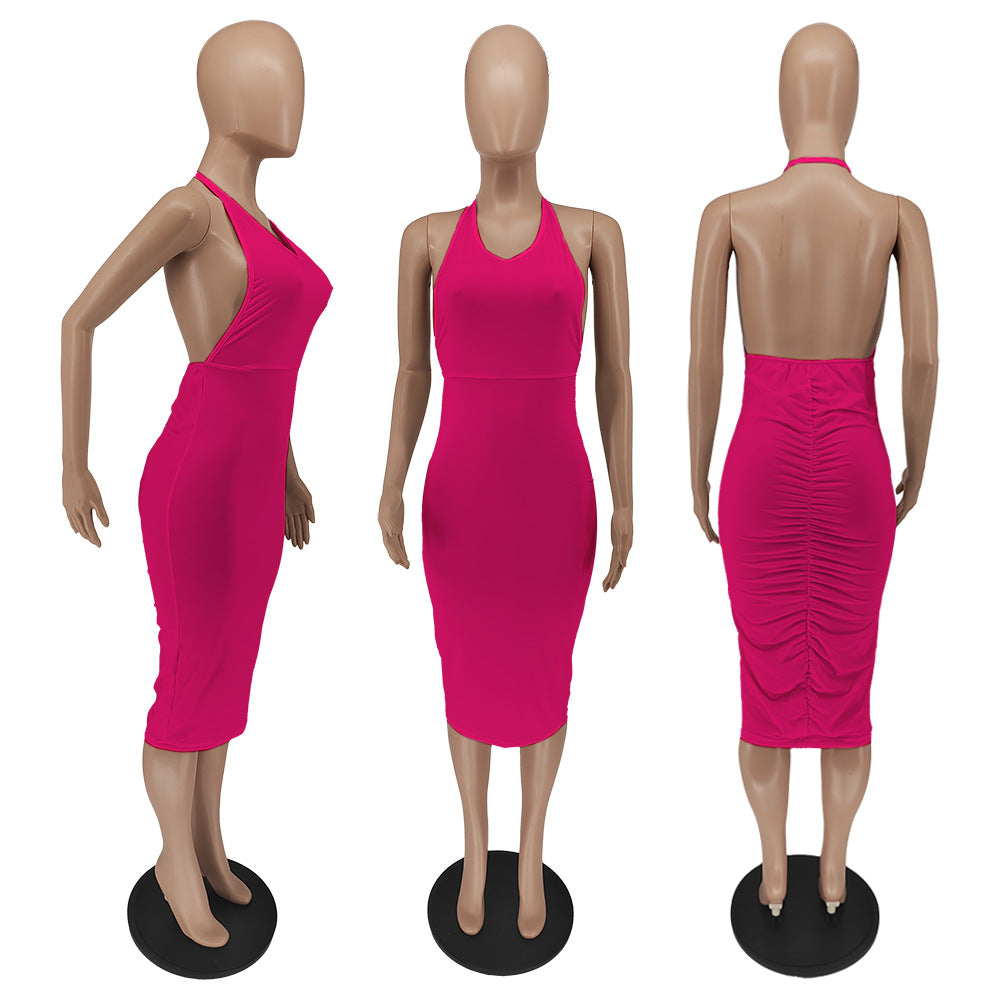 Sexy Solid V Neck Backless Ruched Midi Dress