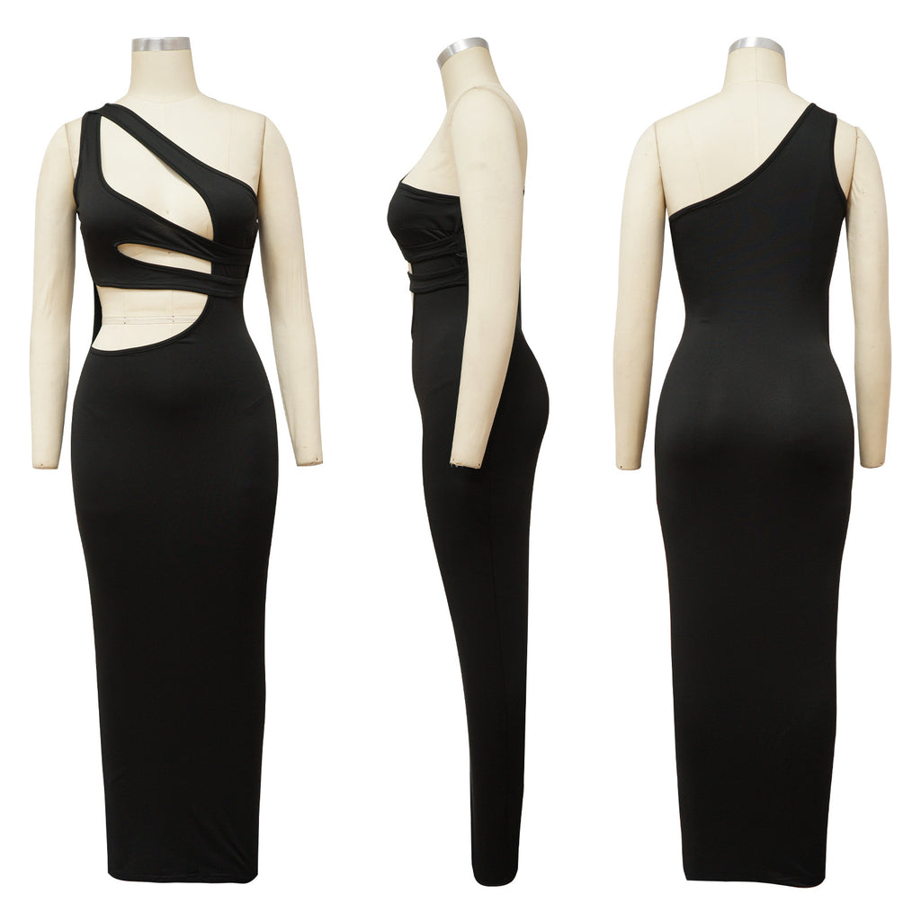 Sexy Sexy Solid Color Hollow Sloping Shoulder Slim Maxi Dress