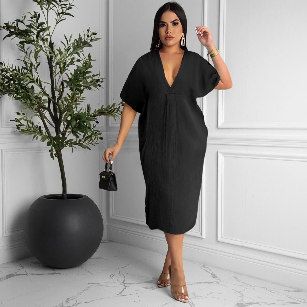 Sexy Solid V Neck Short Sleeve Loose Midi Dress