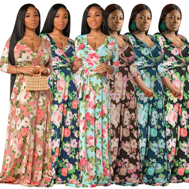 Sexy Plus Size Floral Print V Neck 3/4 Sleeve Sashes Maxi Dress