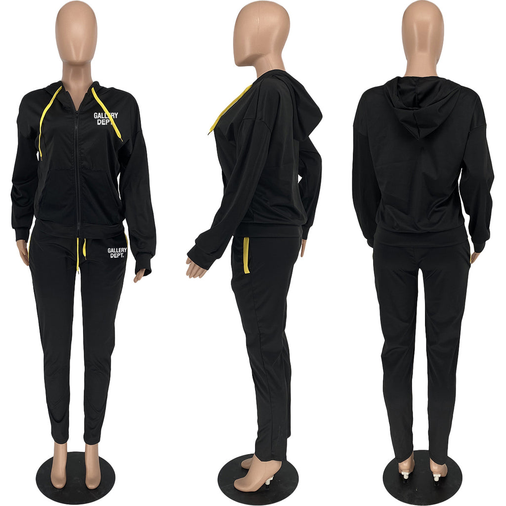 Sexy Casual Sport Print Zipper Hooded Two Piece Set