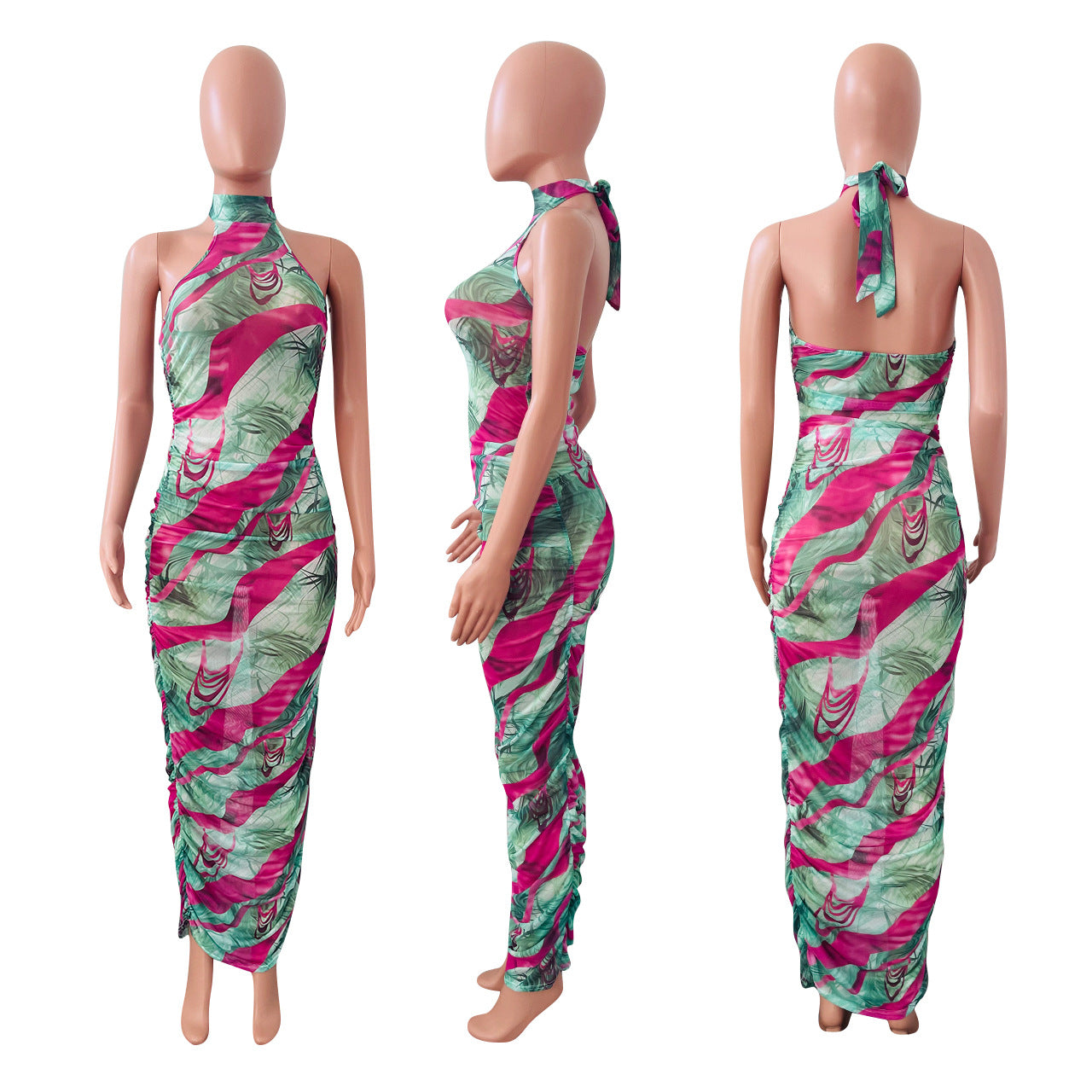 Sexy Sexy Mesh Print Halter Ruched Maxi Dress