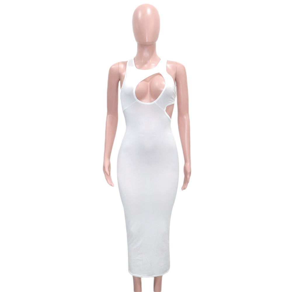 Sexy Solid Sleeveless Hollow Out Long Dress