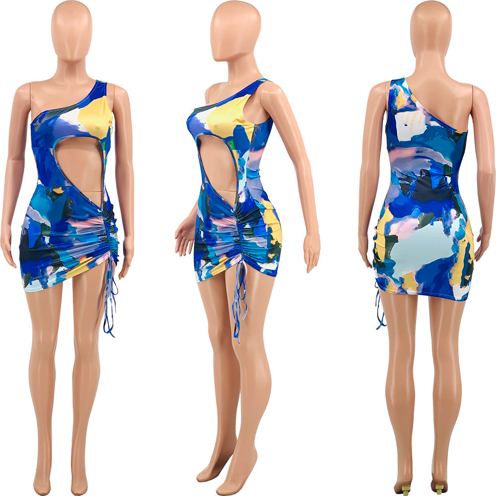 Sexy Sexy Printed One Shoulder Drawstring Hollow Mini Dress