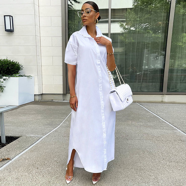Sexy White Short Sleeve Maxi Shirt Dress