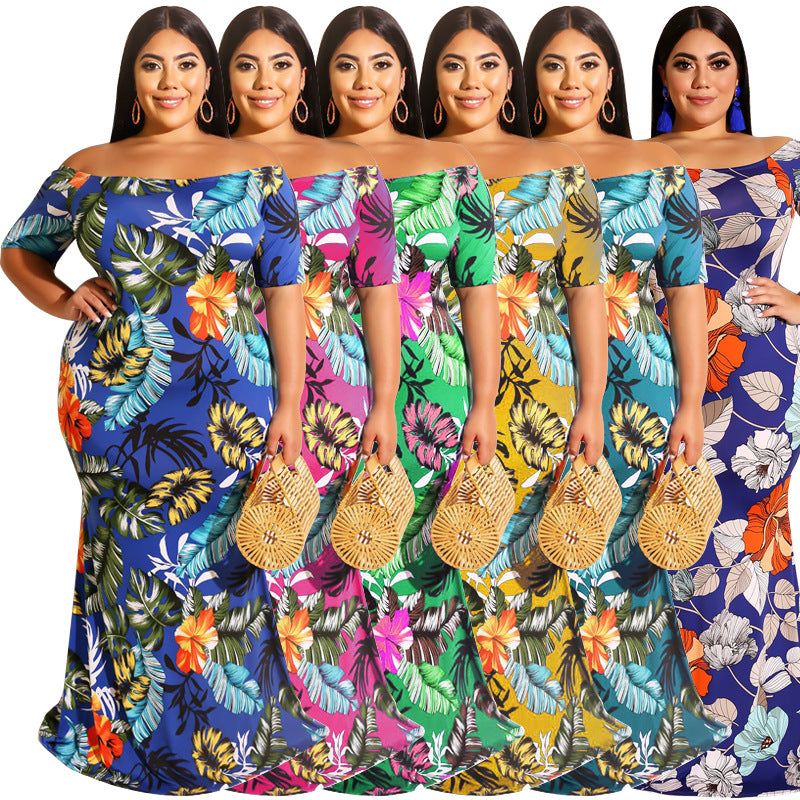 Sexy Plus Size Floral Print Off Shoulder Maxi Dress