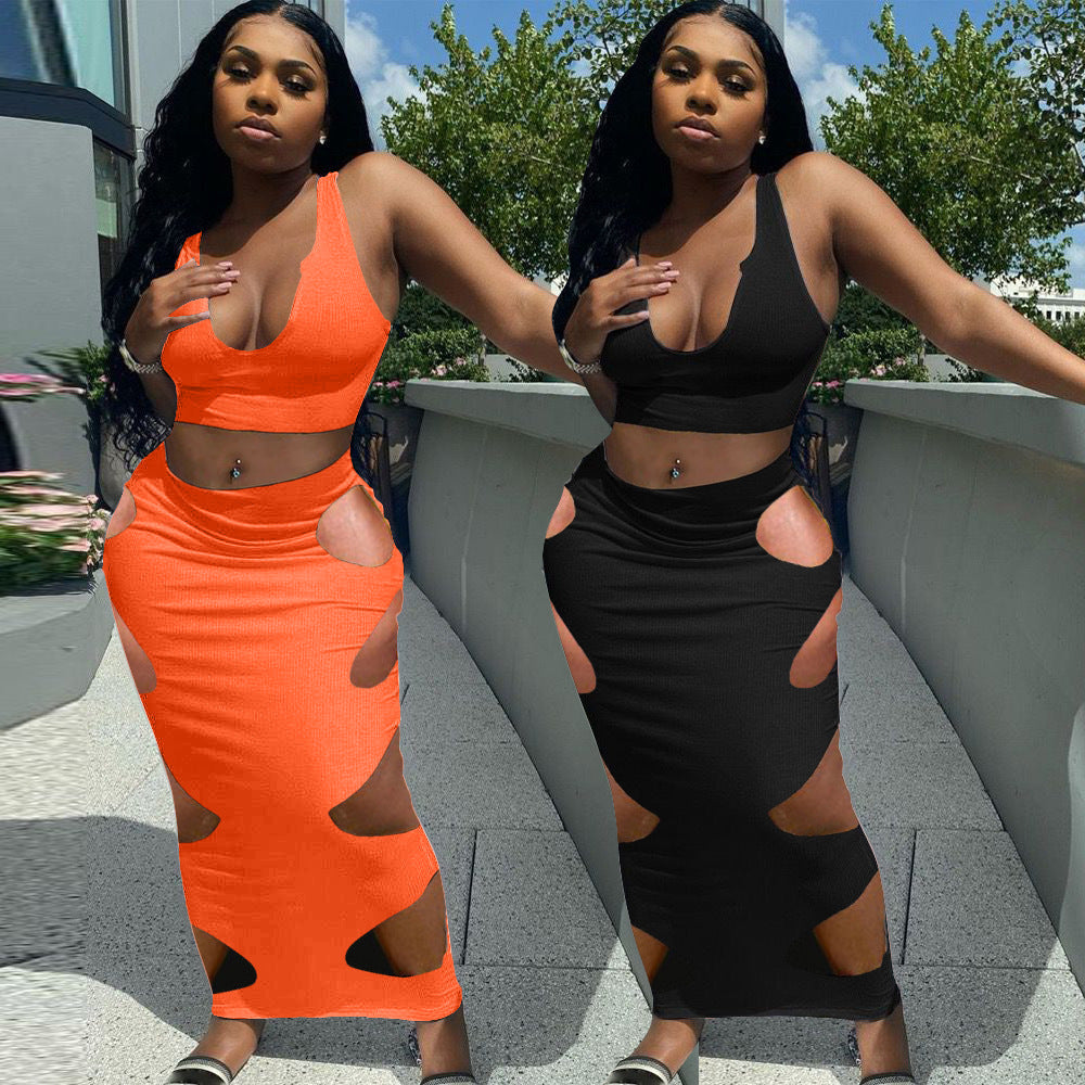 Sexy Solid Sleeveless Hole Long Skirt Two Piece Sets