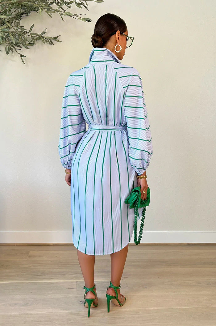Sexy Casual Striped Long Sleeeve Sashes Midi Dress