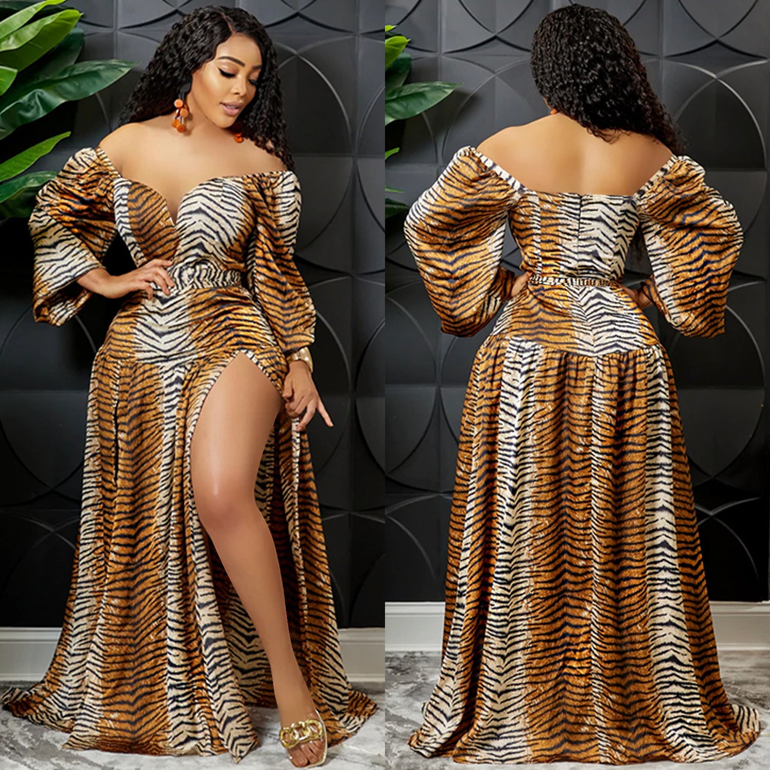 Sexy Sexy Printed V Neck Long Sleeve Split Sashes Maxi Dress