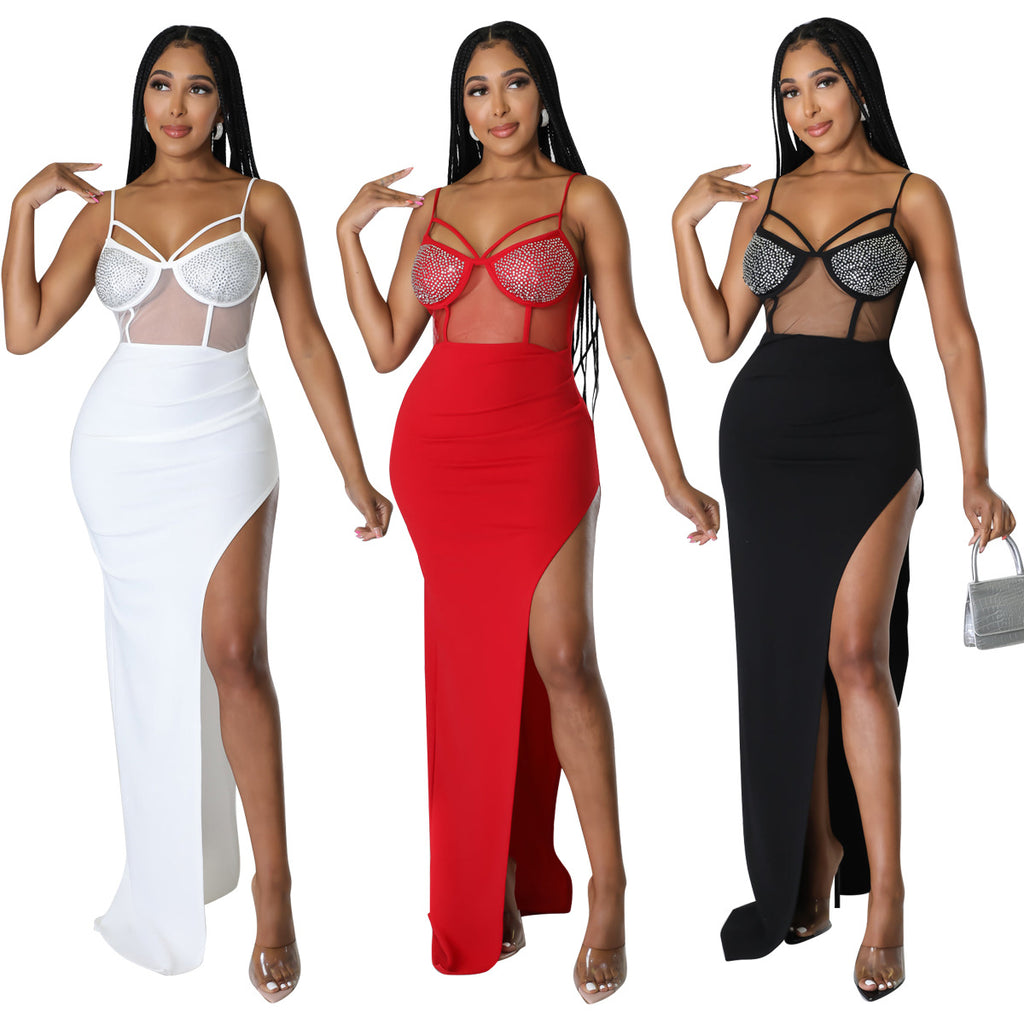 Sexy Sexy Mesh Hot Drilling Patchwork Split Long Evening Dress
