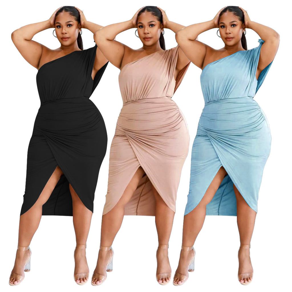 Sexy Plus Size Solid One Shoulder Irregular Midi Dress