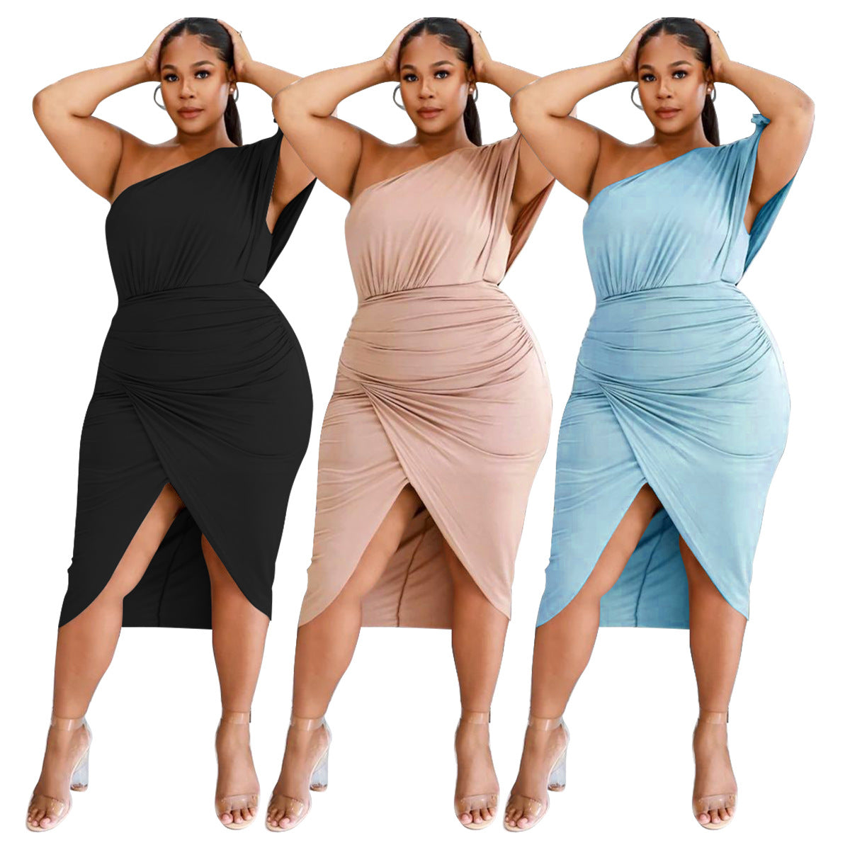 Sexy Plus Size Solid One Shoulder Irregular Midi Dress