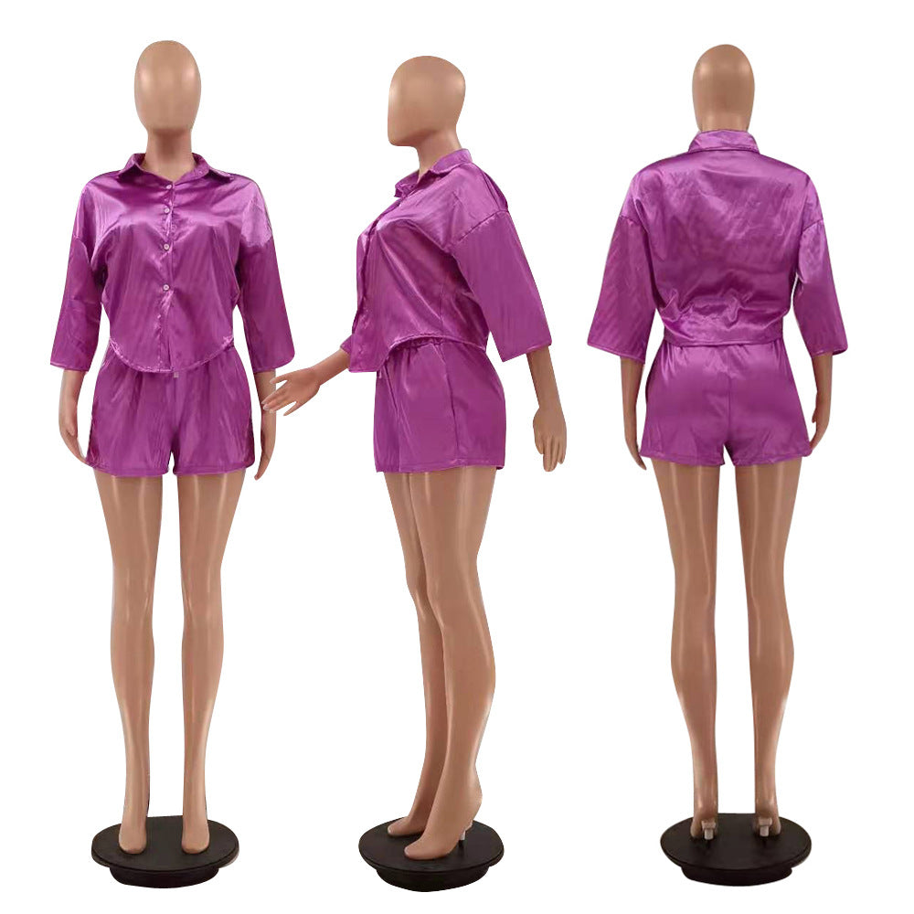 Sexy Solid Shirt Top And Shorts Two Piece Sets