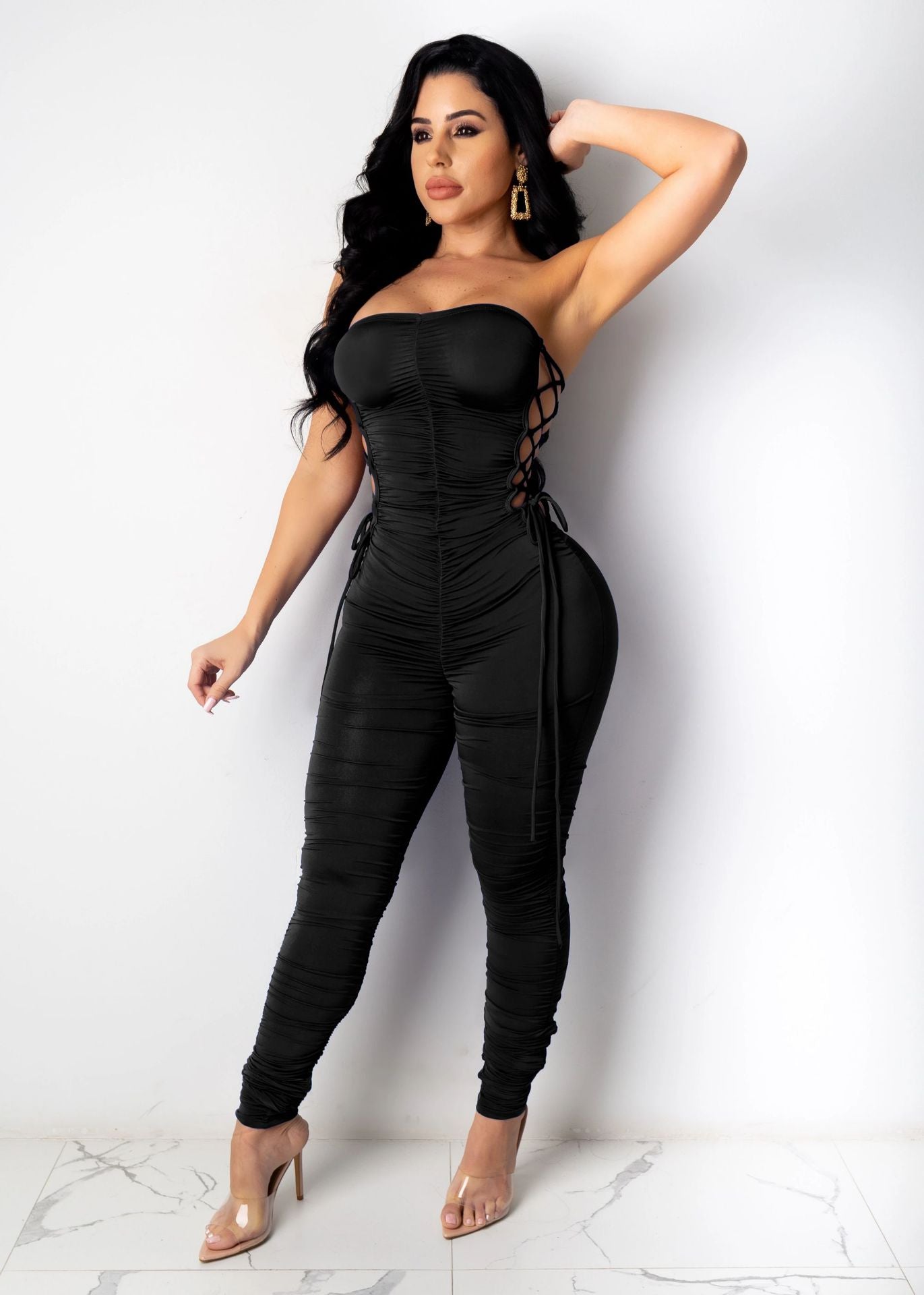 Sexy Sexy Solid Lace-Up Ruched Bandage Tube Jumpsuit