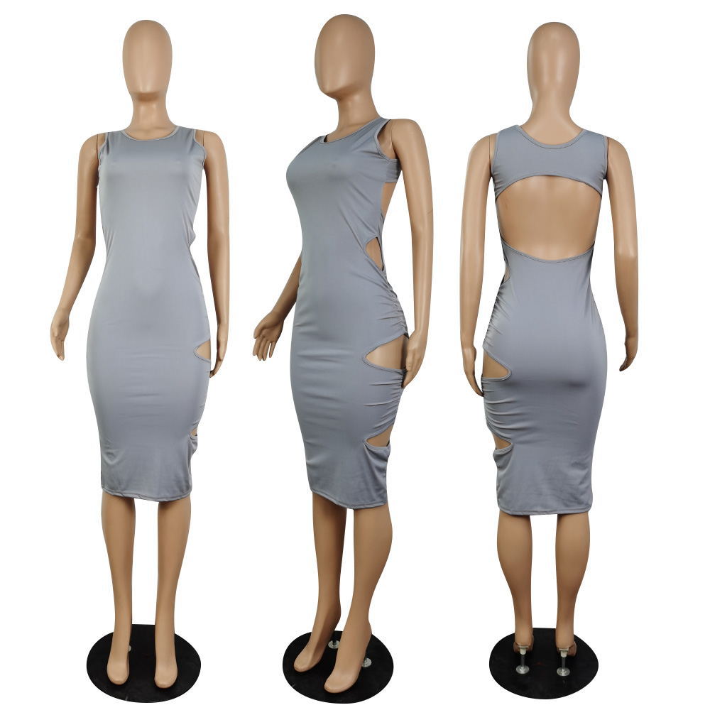 Sexy Solid Sleeveless Backless Hollow Out Midi Dress