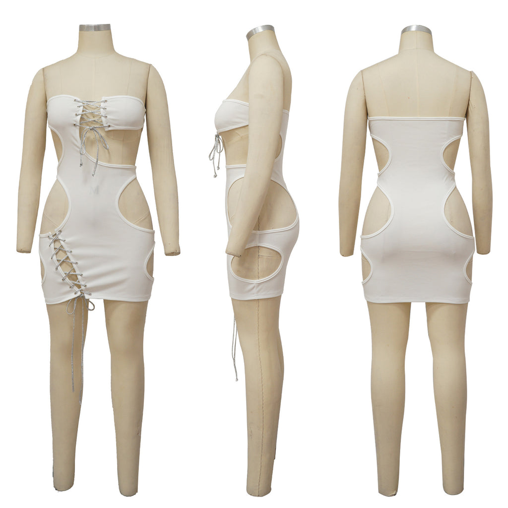 Sexy Solid Color Tube Top Sexy Nightclub Hollow Tie Up Mini Dress