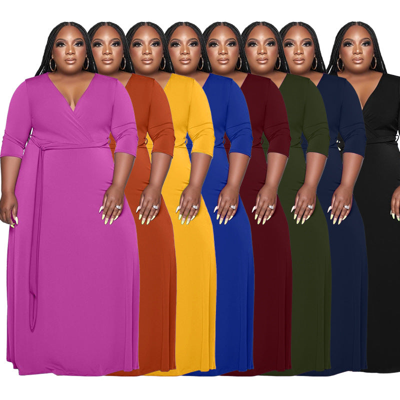 Sexy Plus Size Solid V Neck Sashes Maxi Dress